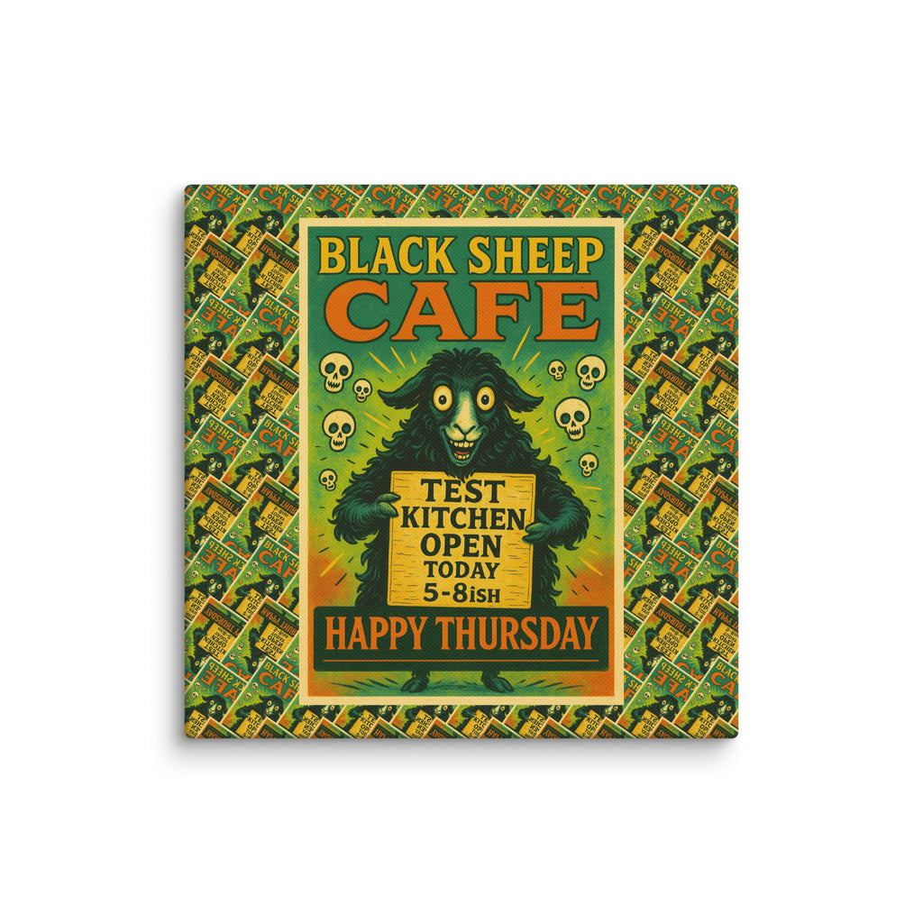 A square canvas wall art print featuring a retro-style 'Black Sheep Cafe' sign with a black sheep character, skulls, and a patterned border, shown against a plain white background.