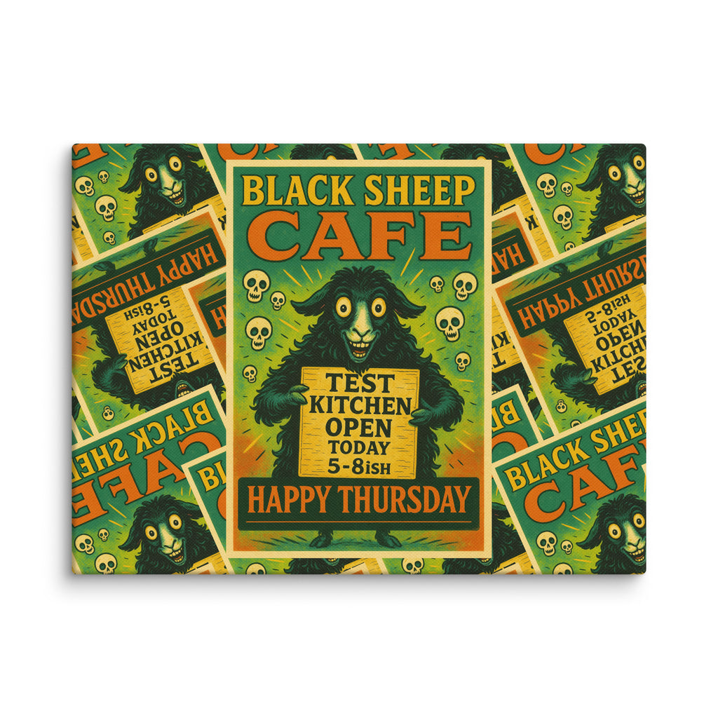 A rectangular canvas print featuring a retro-style Halloween poster for 'Black Sheep Cafe' with a black sheep character, skulls, and repeated side posters, shown against a plain white background.
