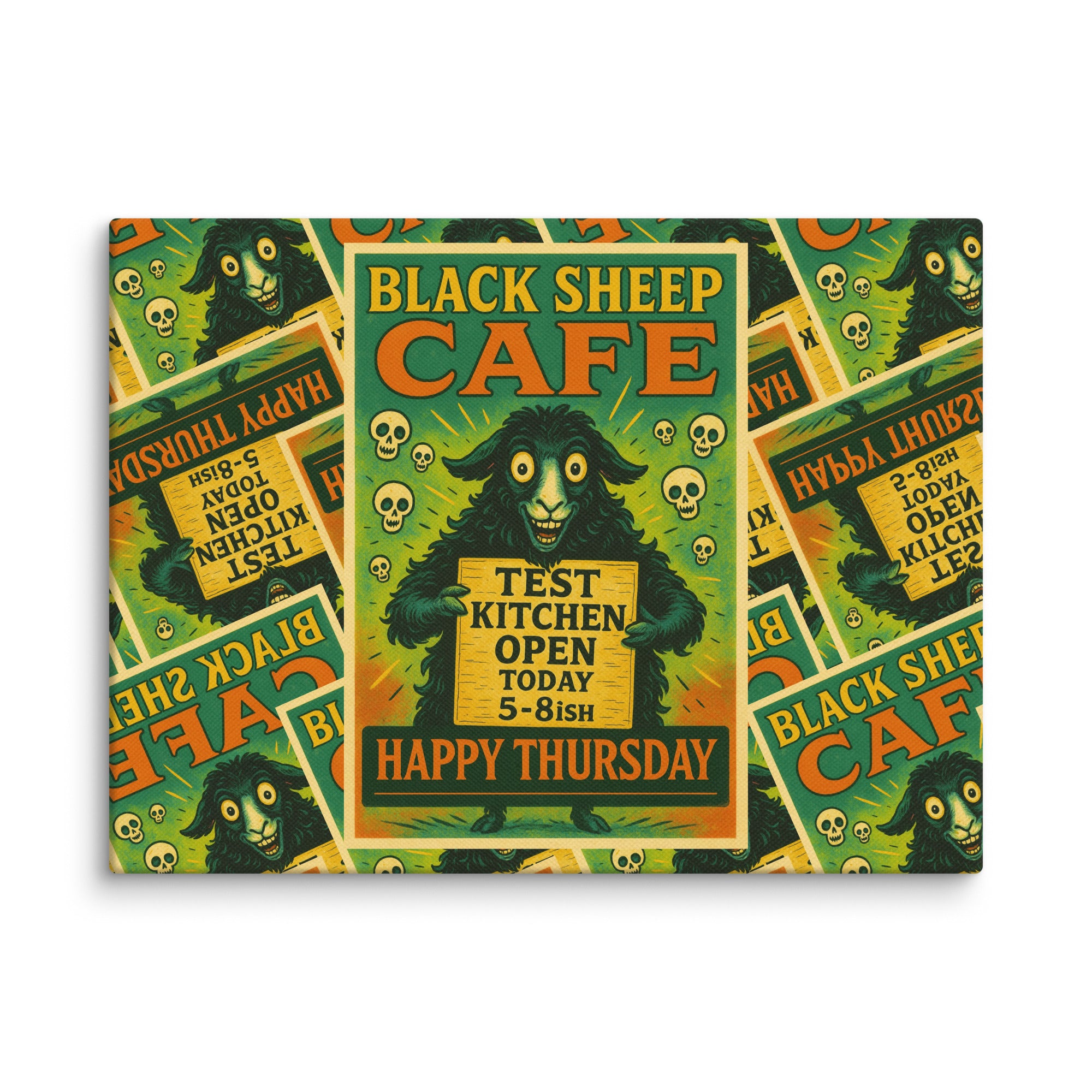 A rectangular canvas print featuring a retro-style Halloween poster for 'Black Sheep Cafe' with a black sheep character, skulls, and repeated side posters, shown against a plain white background.