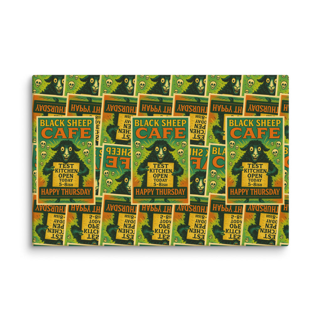 A rectangular canvas print featuring a repeating collage of vintage-style black sheep cafe posters with green monster illustrations and yellow text, shown against a plain white background.