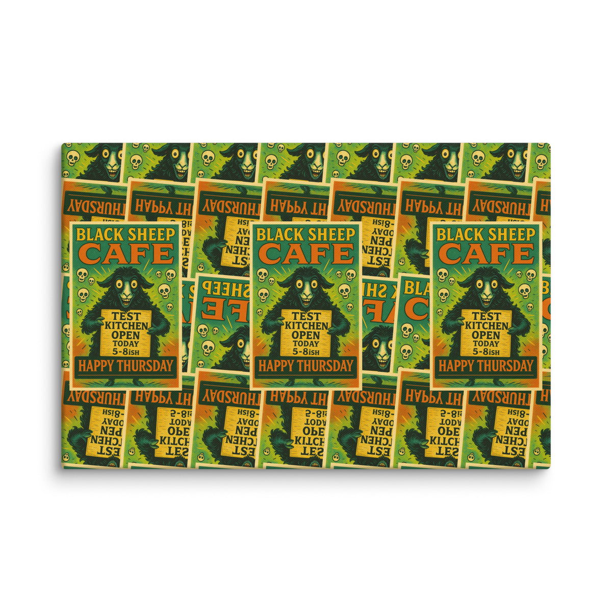 A rectangular canvas print featuring a repeating collage of vintage-style black sheep cafe posters with green monster illustrations and yellow text, shown against a plain white background.