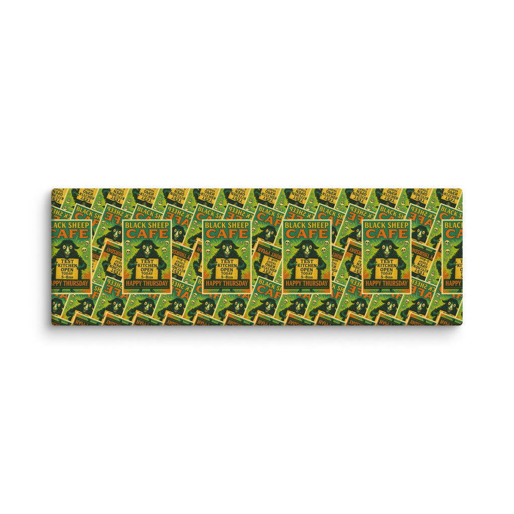 A rectangular canvas print featuring a repeating pattern of vintage-style 'Marijuana Cafe' posters in green, yellow, black, and red, shown against a plain white background.