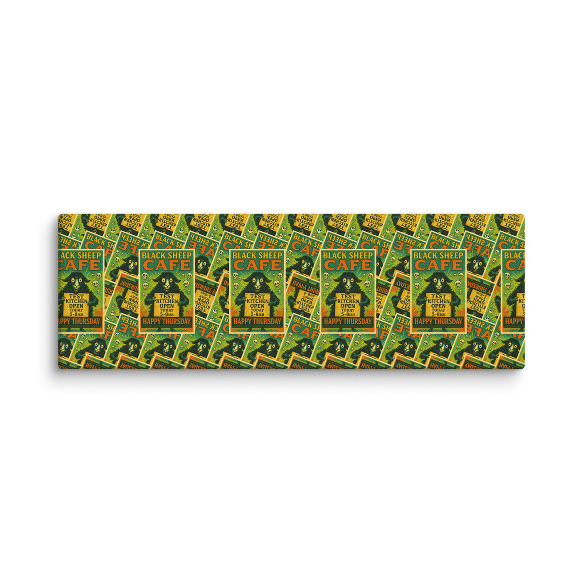 A rectangular canvas print featuring a repeating pattern of vintage-style 'Marijuana Cafe' posters in green, yellow, black, and red, shown against a plain white background.