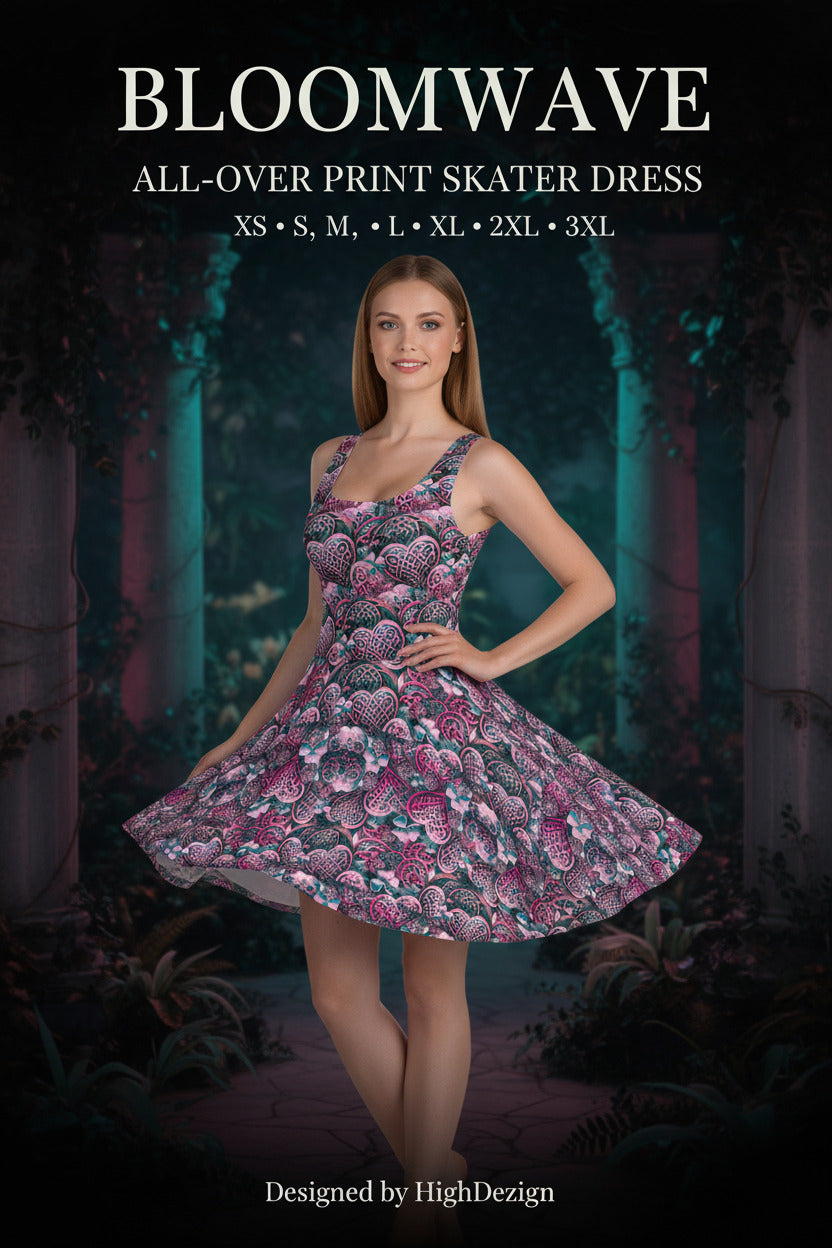 A woman modeling an all-over print skater dress with a pink, purple, and green floral pattern, set against a dark, atmospheric forest background. Text at the top reads 'BLOOMWAVE ALL-OVER PRINT SKATER DRESS' with sizes listed below, and 'Designed by HighDezign' at the bottom.