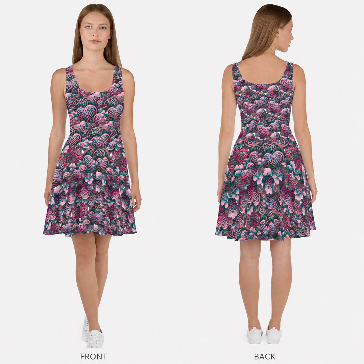 A sleeveless fit-and-flare skater dress shown on a model from the front and back against a light gray studio background. The dress has a dense abstract floral and paisley-style print in pink, purple, teal, and dark blue tones.