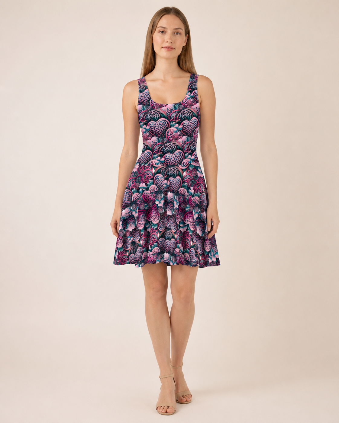 A woman modeling a sleeveless fit-and-flare dress with a colorful paisley pattern in pink, purple, blue, and green on a dark background, set against a plain beige studio backdrop.