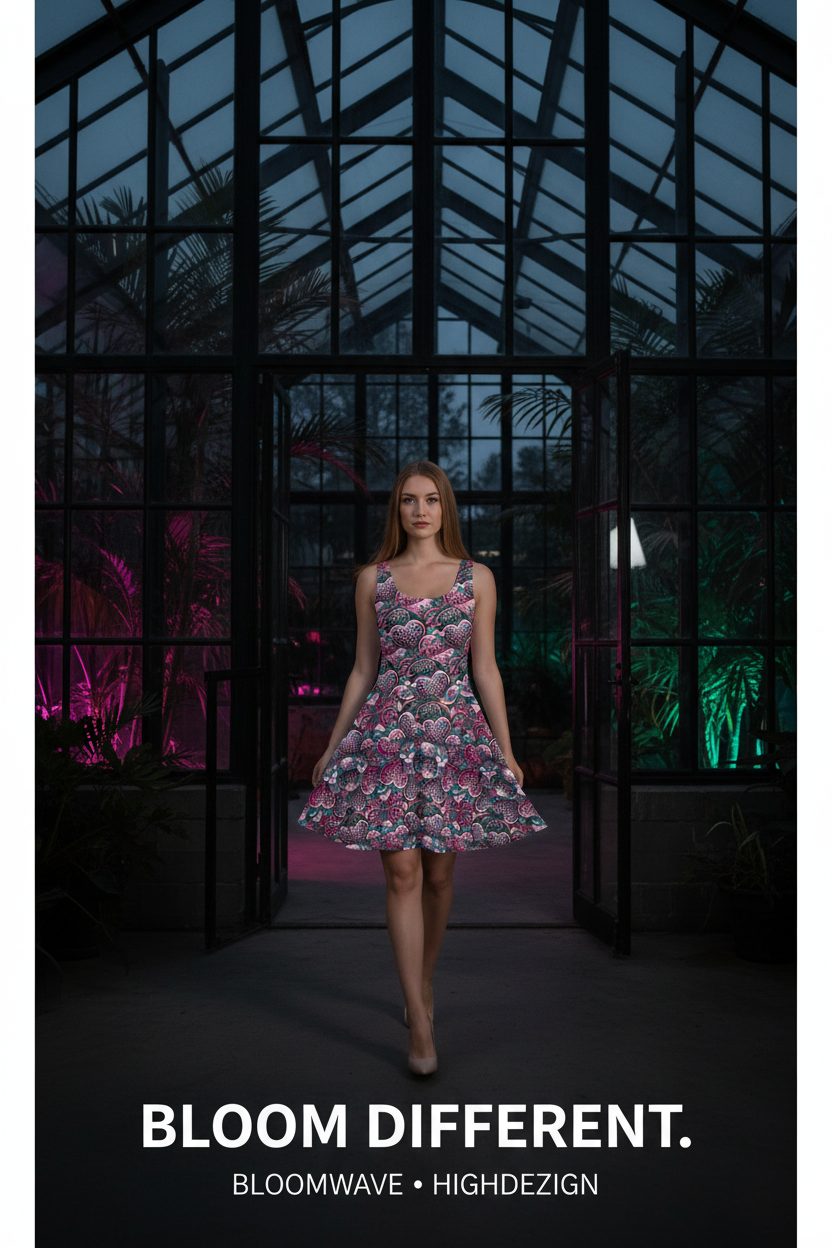 A woman walks through a glass conservatory wearing a sleeveless floral mini dress. The background features dark glass walls and greenery illuminated by pink and green lights.