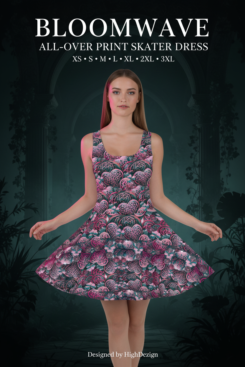 A woman modeling an all-over print skater dress with a floral and abstract pattern in pink, purple, teal, and black. The image features text overlays reading 'BLOOMWAVE ALL-OVER PRINT SKATER DRESS' and size information, set against a dark, gothic-style background.