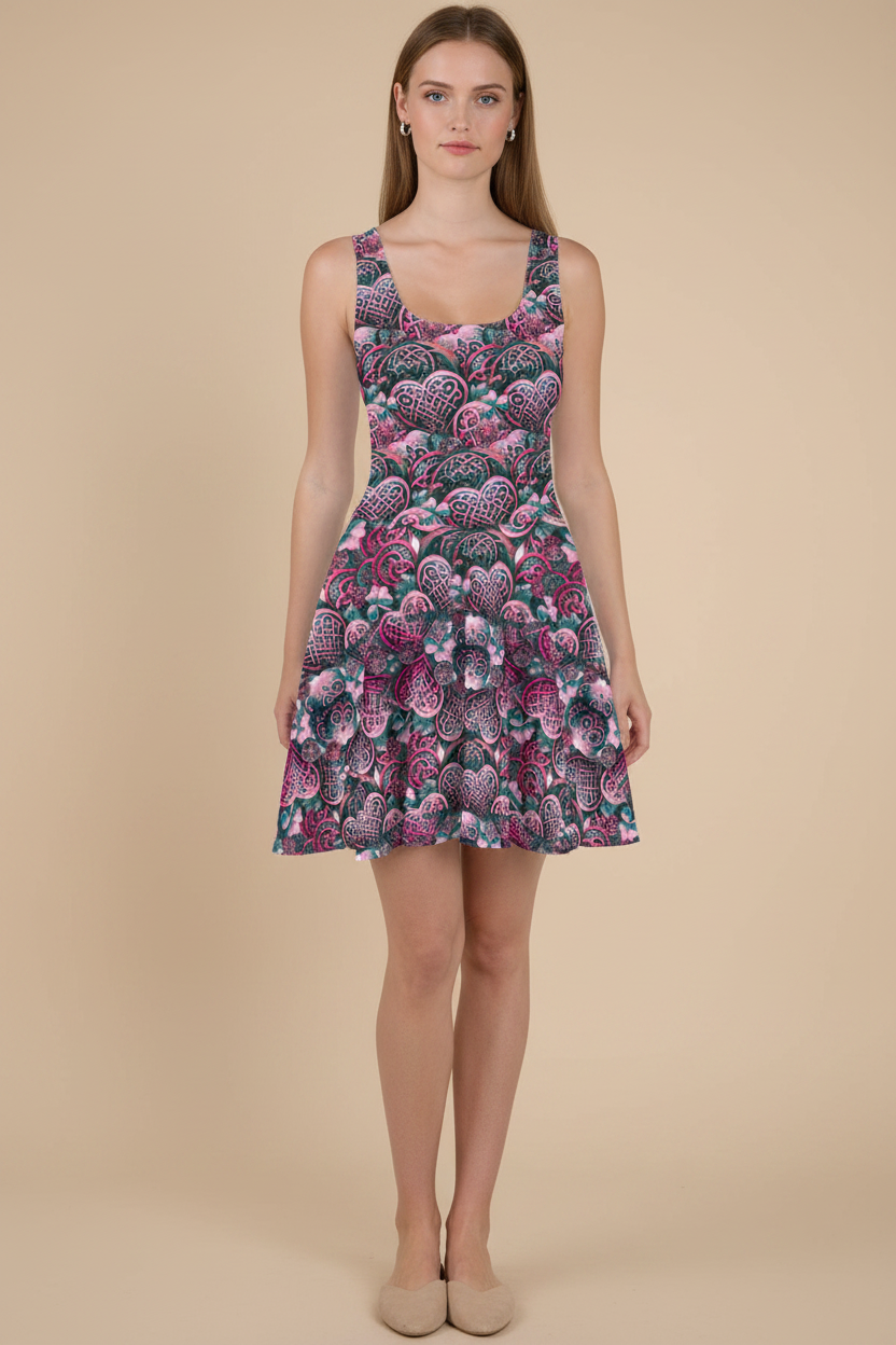A woman modeling a sleeveless fit-and-flare dress with a dense abstract floral or paisley-like print in pink, purple, teal, and dark navy on a beige studio background.