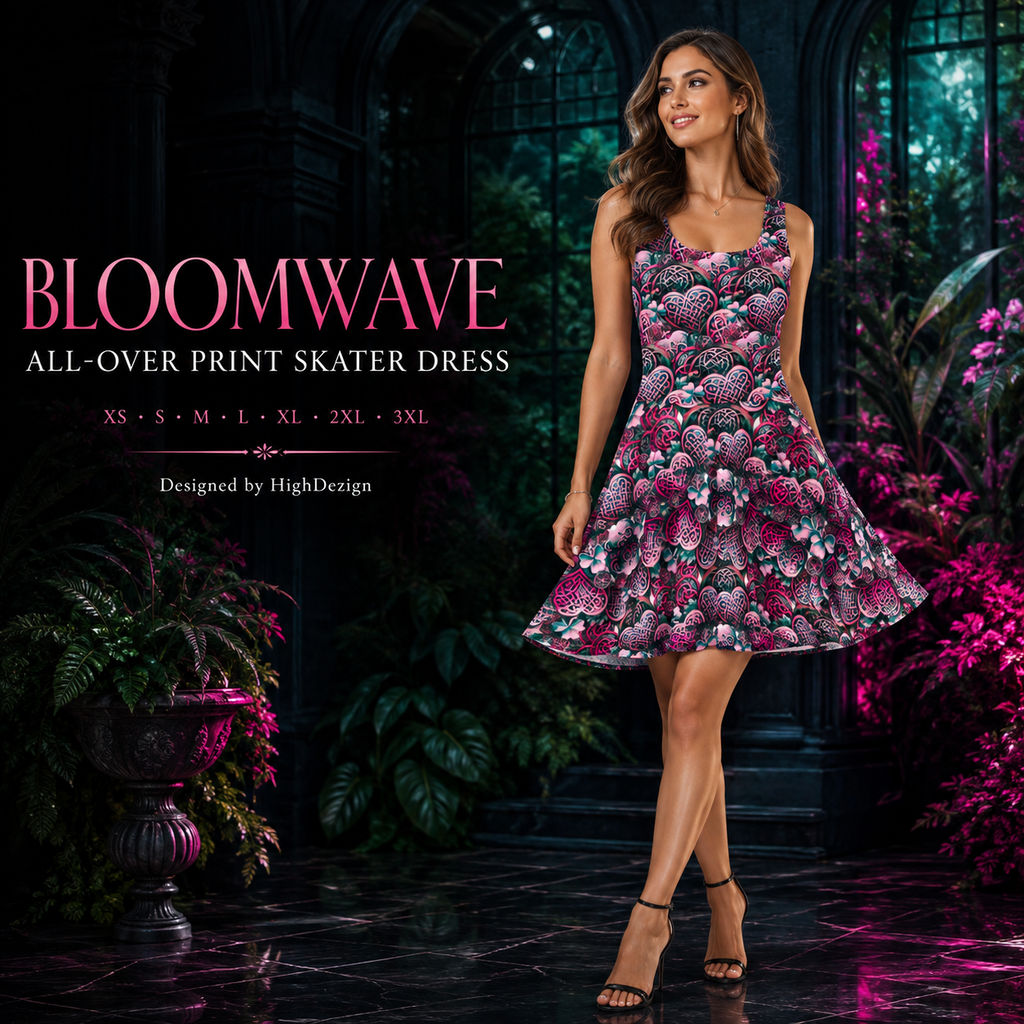 A woman modeling a sleeveless skater dress with an all-over floral and abstract print in pink, purple, blue, and white, set against a dark garden corridor with lush foliage. Text on the left reads 'BLOOMWAVE ALL-OVER PRINT SKATER DRESS' with size info and 'Designed by HighDesign'.