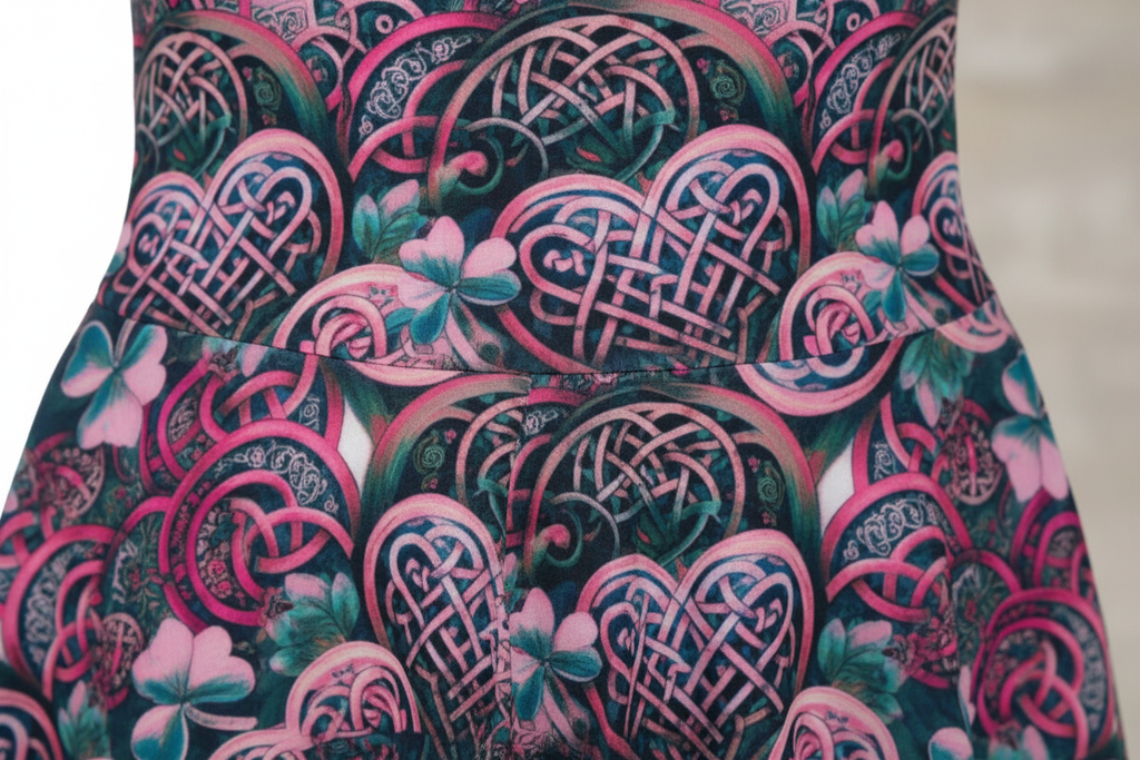 Close-up of a skirt with a detailed pattern featuring pink and teal hearts, Celtic knotwork, and floral motifs on a dark background.