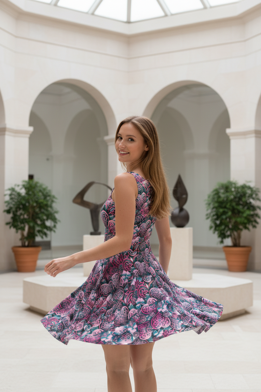A woman wearing a sleeveless, flared mini dress with a purple, pink, and blue paisley pattern, posing in a bright, modern art gallery with white arches and potted plants.