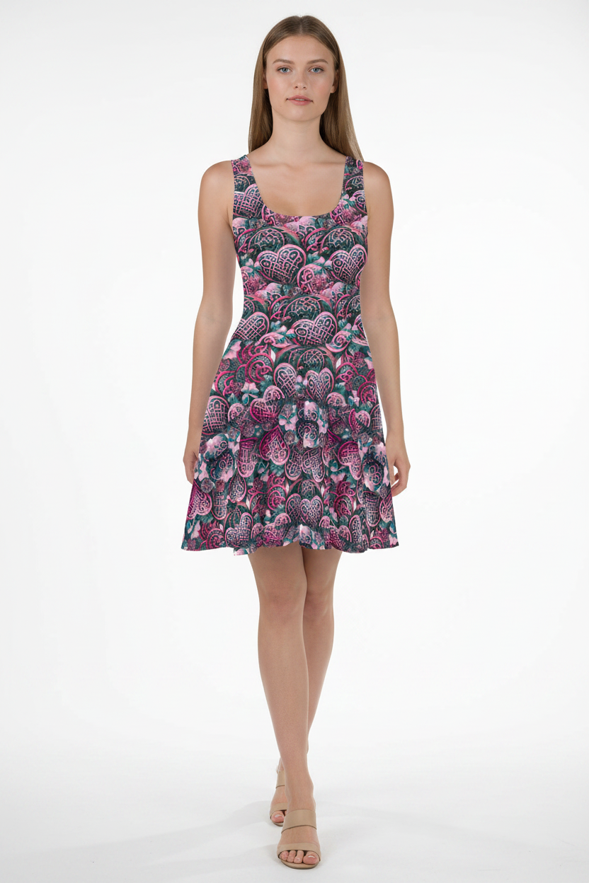 A woman modeling a sleeveless fit-and-flare dress with a dense pink, purple, and teal paisley pattern on a dark background, set against a plain white studio background.