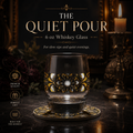 Decorative whiskey glass with intricate design on a dark background, featuring text about the glass.