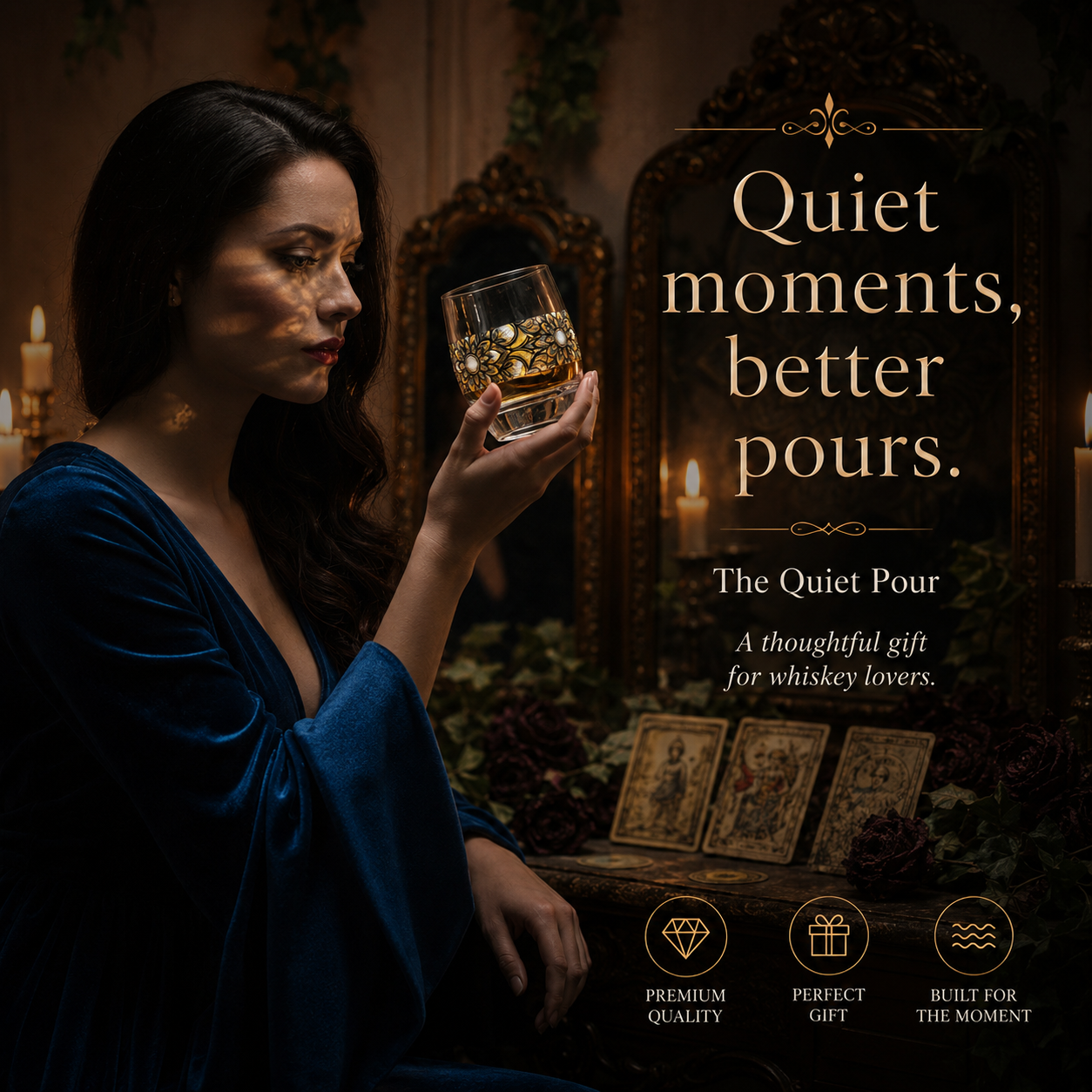 Woman holding a glass of whiskey with decorative text and product features on a dark background
