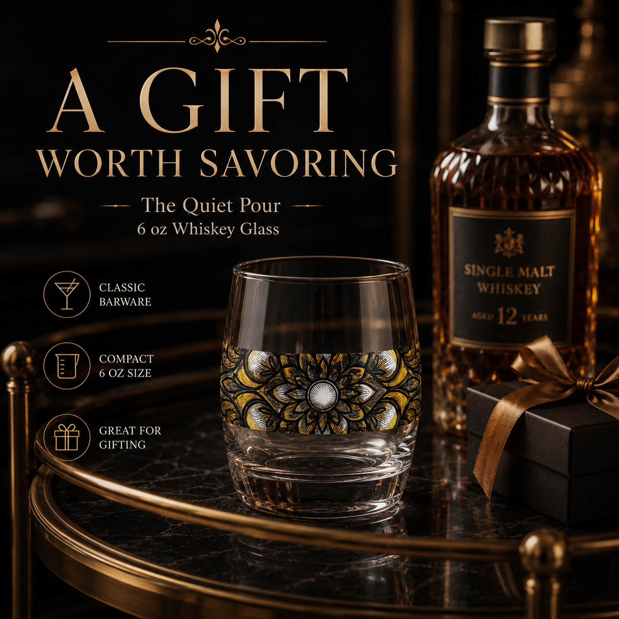 Whiskey glass with decorative design next to a bottle of whiskey on a dark background