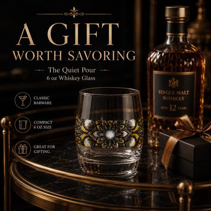 Whiskey glass with decorative design next to a bottle of whiskey on a dark background