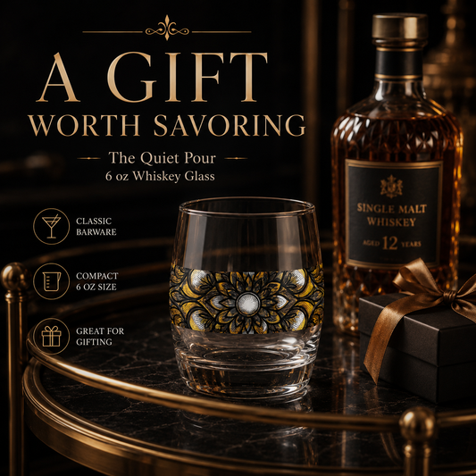 Whiskey glass with decorative design next to a bottle of whiskey on a dark background