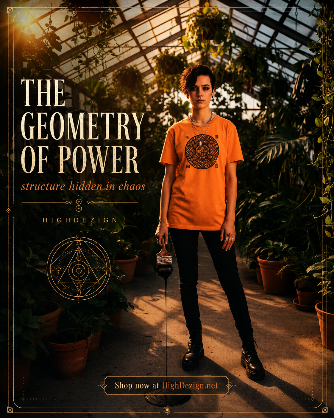 Person wearing an orange t-shirt with a design in a greenhouse setting, promoting 'The Geometry of Power' by HighDezign.