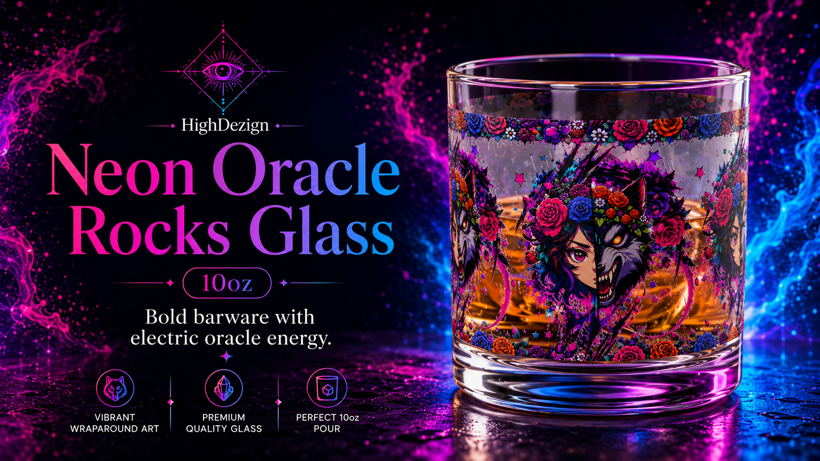 Neon Oracle Rocks Glass with colorful design and text on a dark background