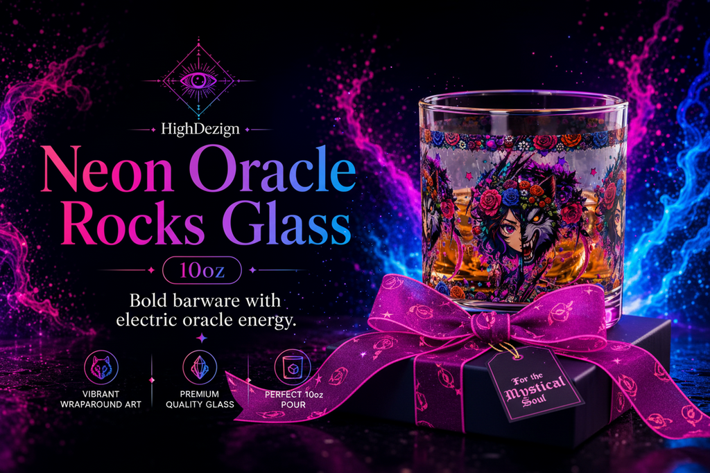 Neon Oracle Rocks Glass with decorative packaging on a dark background