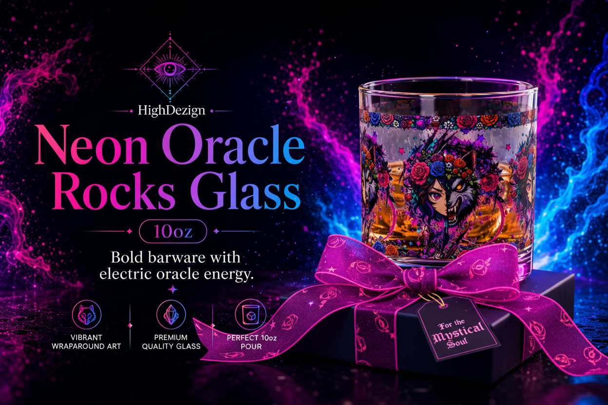 Neon Oracle Rocks Glass with decorative packaging on a dark background