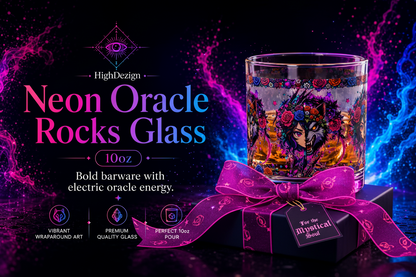 Neon Oracle Rocks Glass with decorative packaging on a dark background