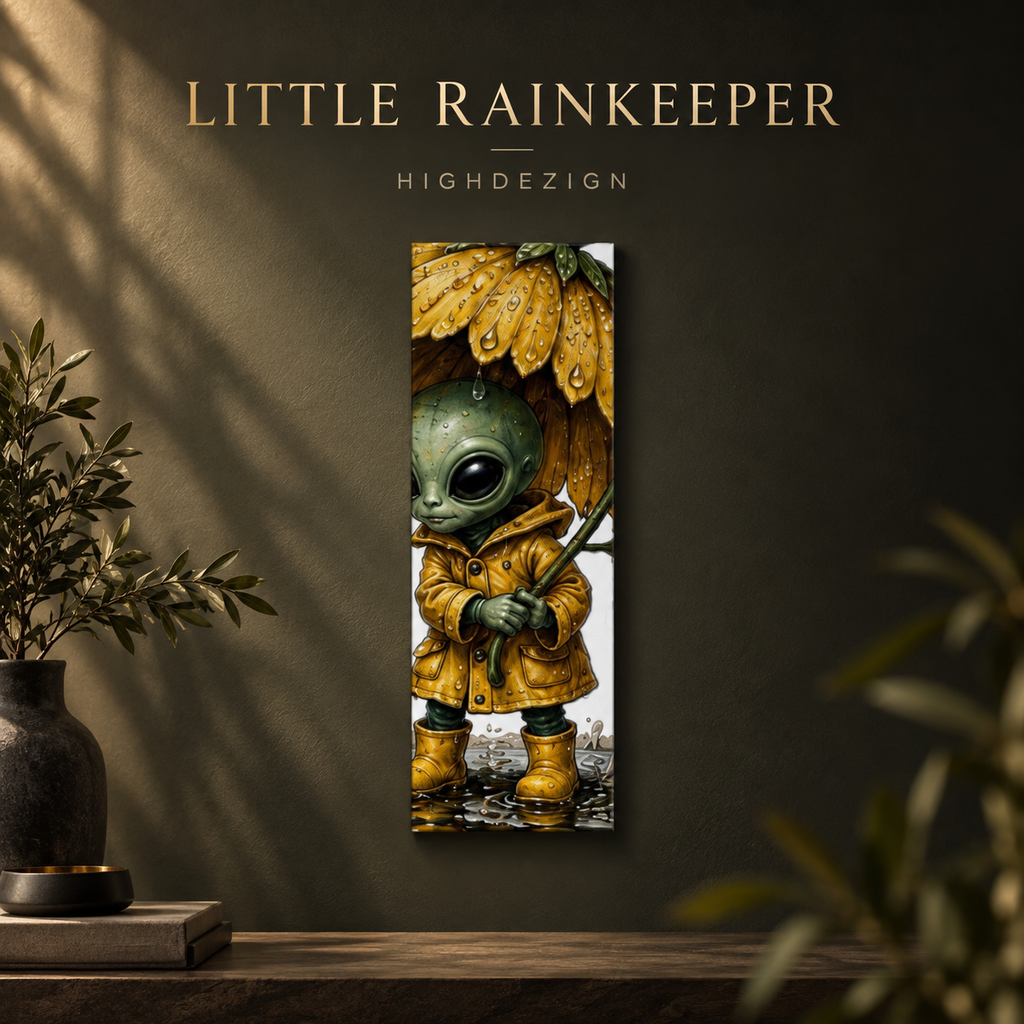 Little Rainkeeper – Whimsical Alien Vertical Canvas Wall Art