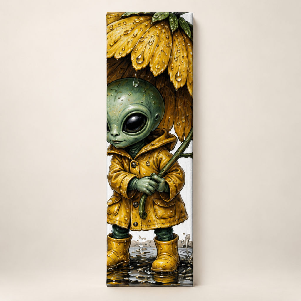 Little Rainkeeper – Whimsical Alien Vertical Canvas Wall Art