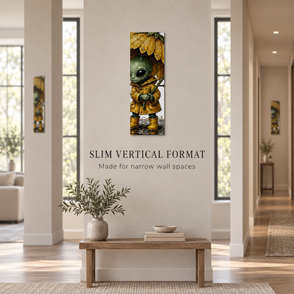 Little Rainkeeper – Whimsical Alien Vertical Canvas Wall Art