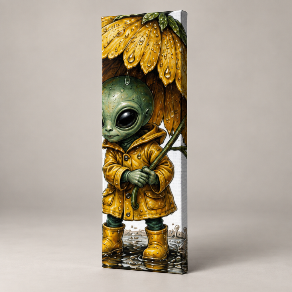 Little Rainkeeper – Whimsical Alien Vertical Canvas Wall Art