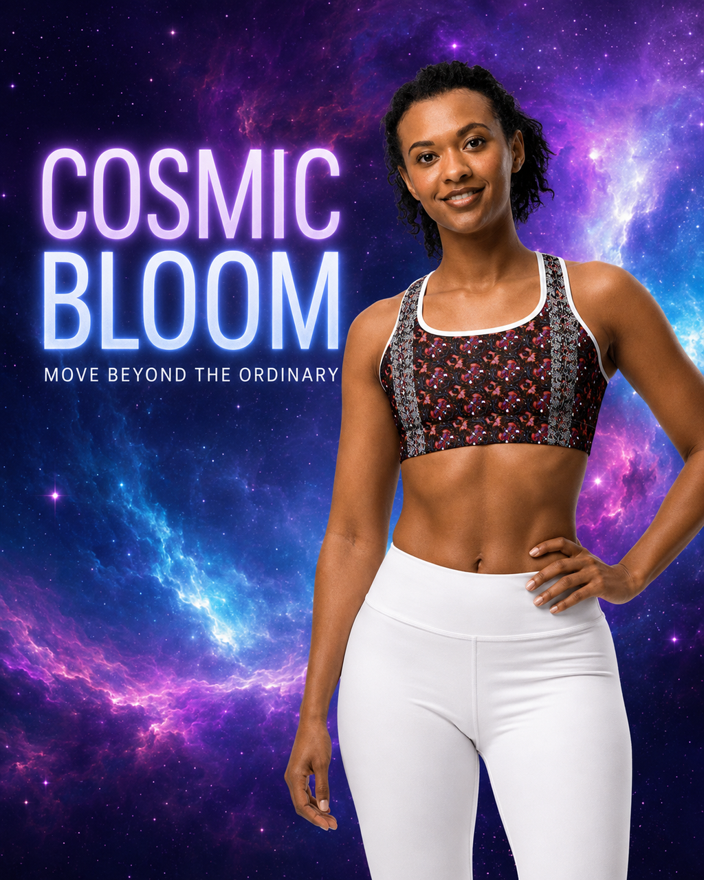 A woman stands against a colorful space nebula background wearing a patterned sports bra and white leggings. Large text on the left reads 'COSMIC BLOOM' with smaller text 'MOVE BEYOND THE ORDINARY'.