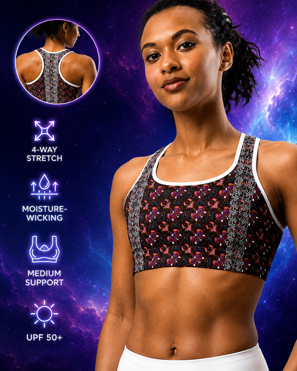 A woman wearing a patterned sports bra with a back view inset and feature callouts including 4-way stretch, moisture-wicking, medium support, and UPF 50+, set against a purple galaxy background.