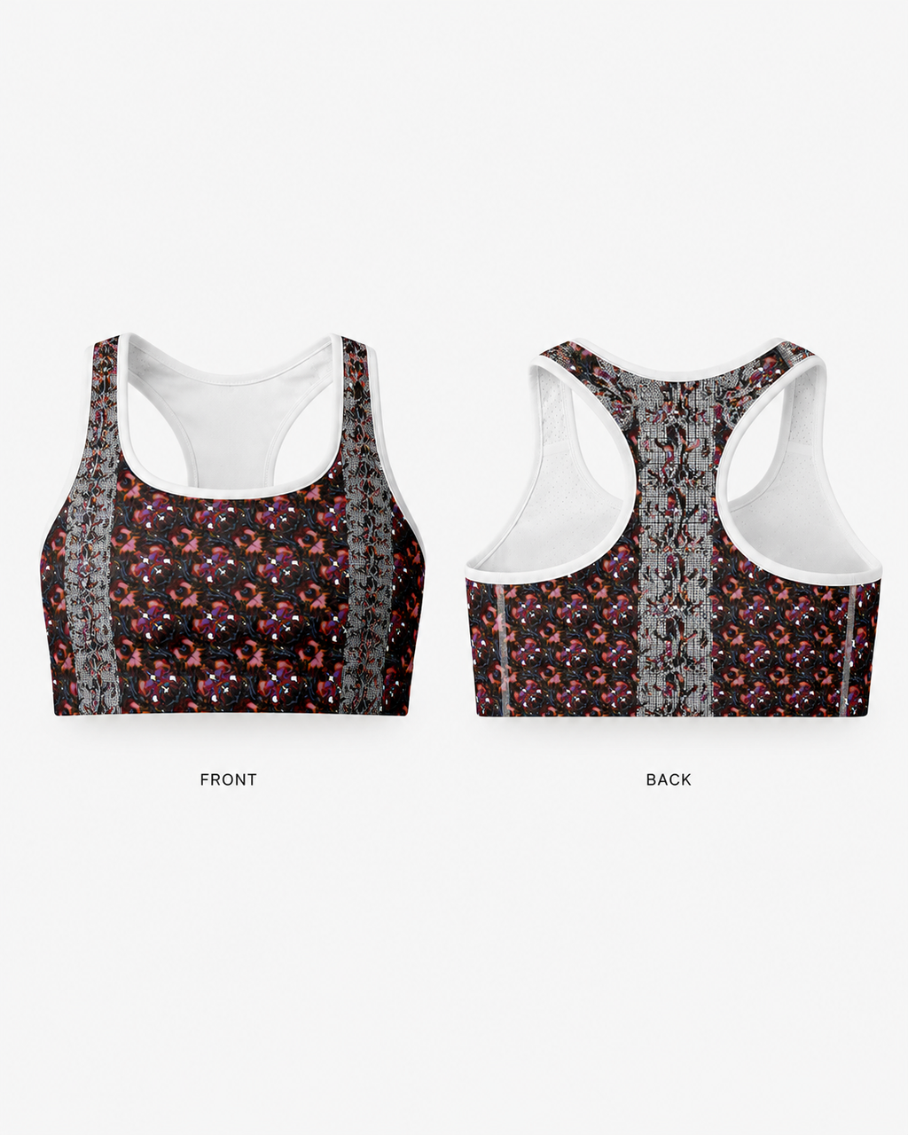 Front and back views of a racerback sports bra with a black base, pink and red floral pattern, gray lace-like side panels, and white inner cups, shown on a light gray background with FRONT and BACK labels.