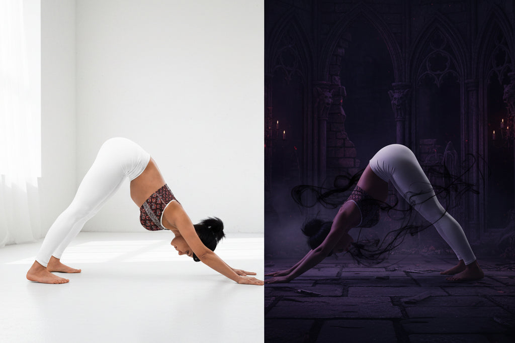 Person performing a yoga pose on a white background