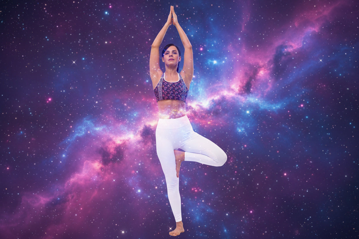 Woman in colorful sports bra and white leggings performing a yoga pose on a white background