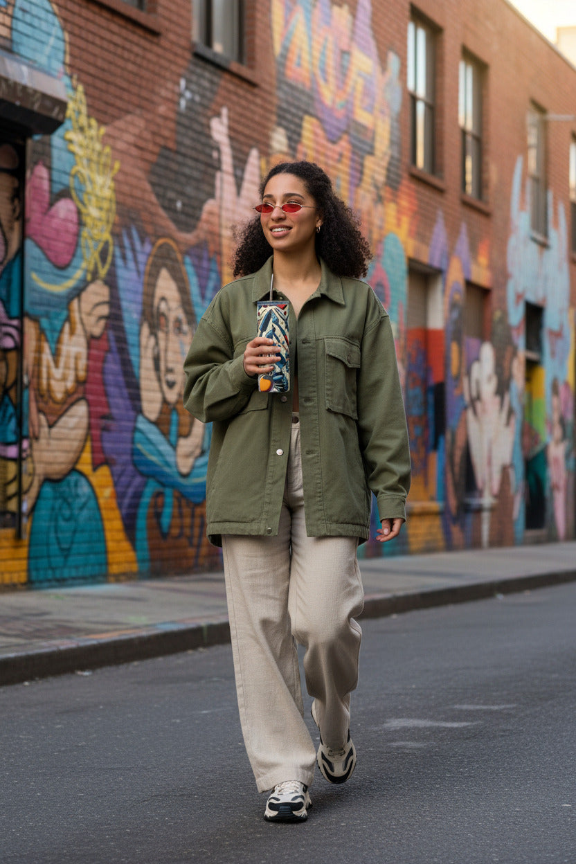 Person wearing a red shirt and sunglasses holding a colorful tumbler with a straw.