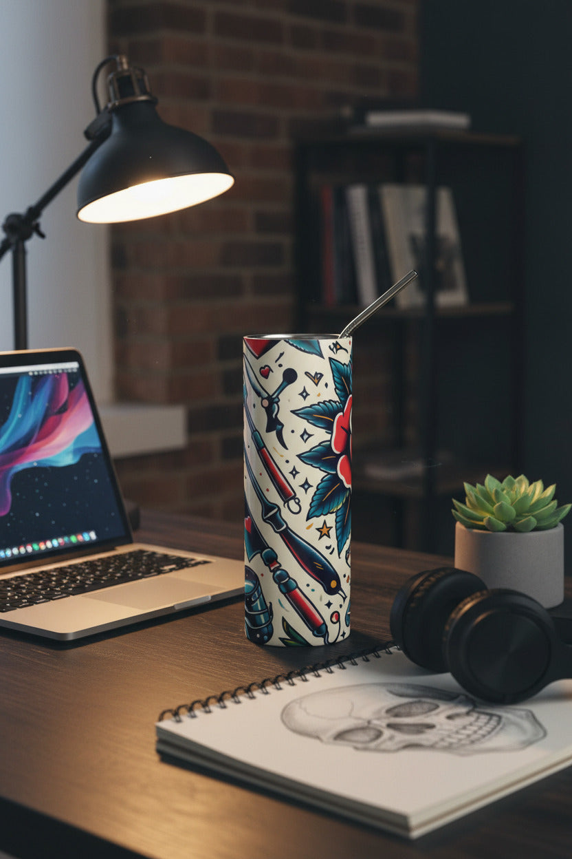 A tall insulated tumbler with a metal straw, featuring a traditional tattoo-style floral and tool pattern on a cream background, shown with a clear lid beside it on a white background.