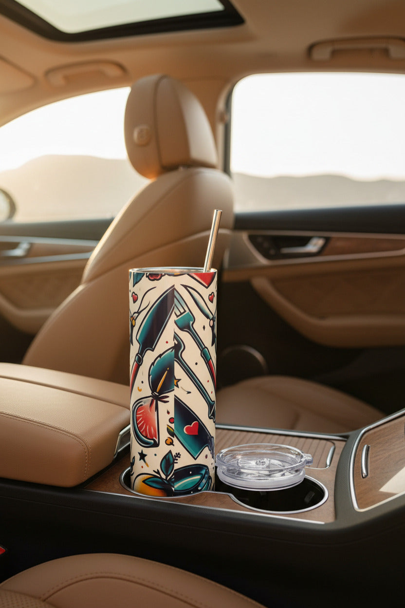 A tall insulated tumbler with a clear lid and metal straw, featuring a colorful tattoo-style print of kitchen knives, hearts, fruit slices, and stars on a cream background. The tumbler is shown with the lid placed beside it on a clean white background.