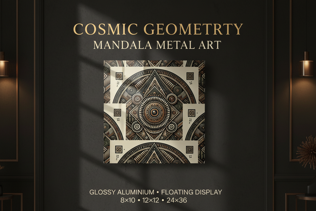 A decorative wall art piece with an intricate geometric mandala design in metallic gold, bronze, and cream tones, displayed against a dark textured wall with warm side lighting. Text above reads 'COSMIC GEOMETRY MANDALA METAL ART' and text below lists material and sizes.