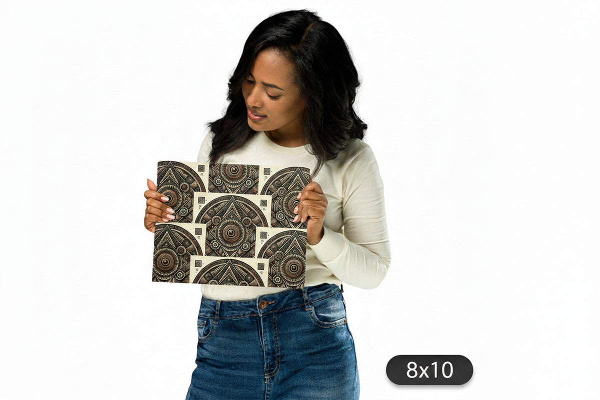 A woman holding a square canvas print featuring a repeating geometric mandala pattern in dark brown and beige. She is wearing a cream long-sleeve top and blue jeans against a plain white background, with a '12x12' size label in the bottom right corner.