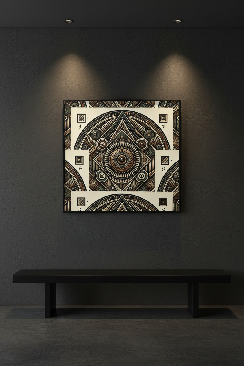 A square framed wall art print with an intricate circular geometric pattern in black, beige, and brown tones, displayed on a dark gray wall above a black bench under spotlighting.