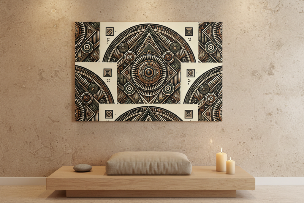 A large rectangular wall art piece with an intricate black, brown, and cream geometric mandala pattern hangs on a textured beige wall above a low wooden bench with a cushion and candles.
