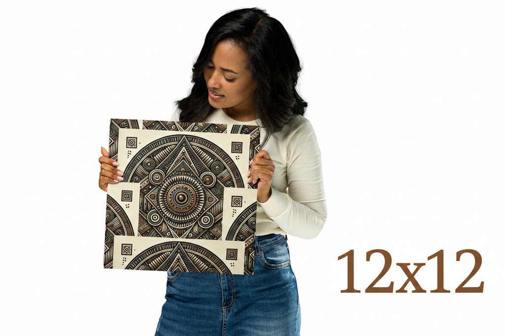 A woman holding a square canvas print featuring a detailed brown and beige geometric mandala pattern, set against a plain white background with '12x12' text on the right.