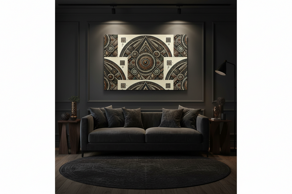A large framed wall art piece with an intricate circular mandala pattern in black, brown, and beige, displayed above a dark gray sofa in a modern, dark-toned living room.