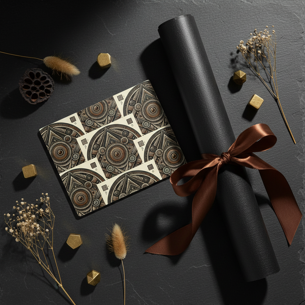 A styled flat-lay featuring a black rolled fabric or paper wrap tied with a brown ribbon next to a square card with a brown, beige, and black geometric mandala pattern, set on a dark textured background with dried botanicals and gold cubes.