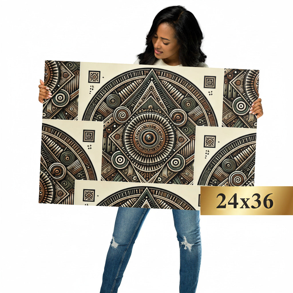 A woman holding up a large rectangular wall art print featuring an intricate circular mandala pattern in black, brown, and beige tones. The image has a white background and a gold '24x36' size label in the bottom right corner.