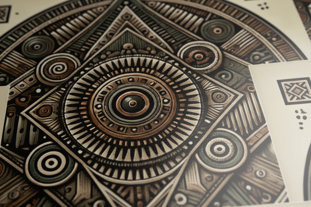 A close-up of a detailed geometric art print featuring intricate circular and diamond patterns in black, brown, and beige tones, with a portion of another print visible on the right side.