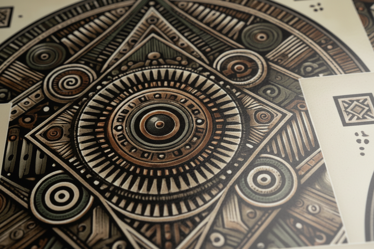 A close-up of a detailed geometric art print featuring intricate circular and diamond patterns in black, brown, and beige tones, with a portion of another print visible on the right side.