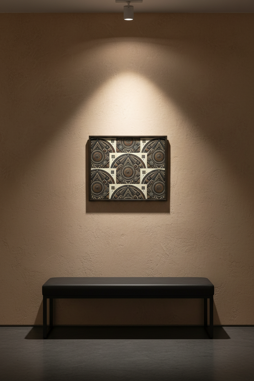 A framed square wall art piece with an intricate geometric pattern in dark brown, black, and cream, displayed on a textured beige gallery wall under a spotlight. Below the artwork is a long black bench.